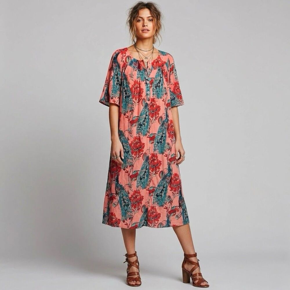 Go Softly Patio Dress Sz Medium Button Short Sleeve Winter Summer Fall Muumuu